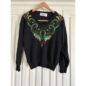 Vintage 90s Jessica Stevens Ramie Cotton Embellished V Neck Sweater Medium